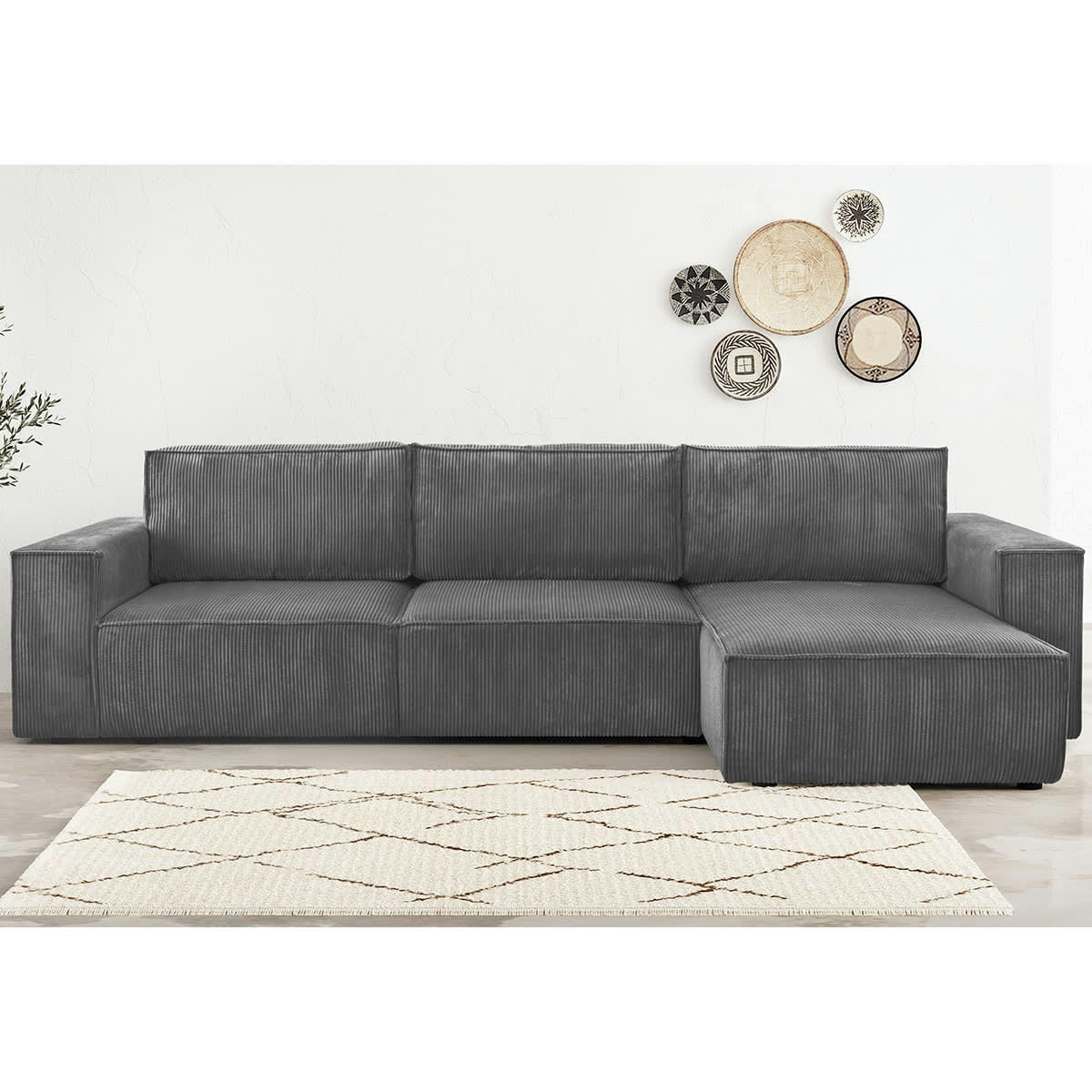 HARPER NEW - Canapé d'angle 5 places convertible +coffre velours côtelé anthracite