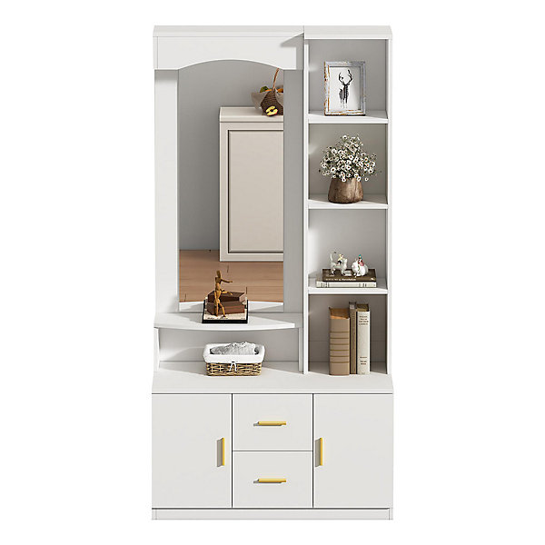 Meuble entrée 90x40x180 cm, rangement chaussures, miroir, 2 tiroirs, blanc