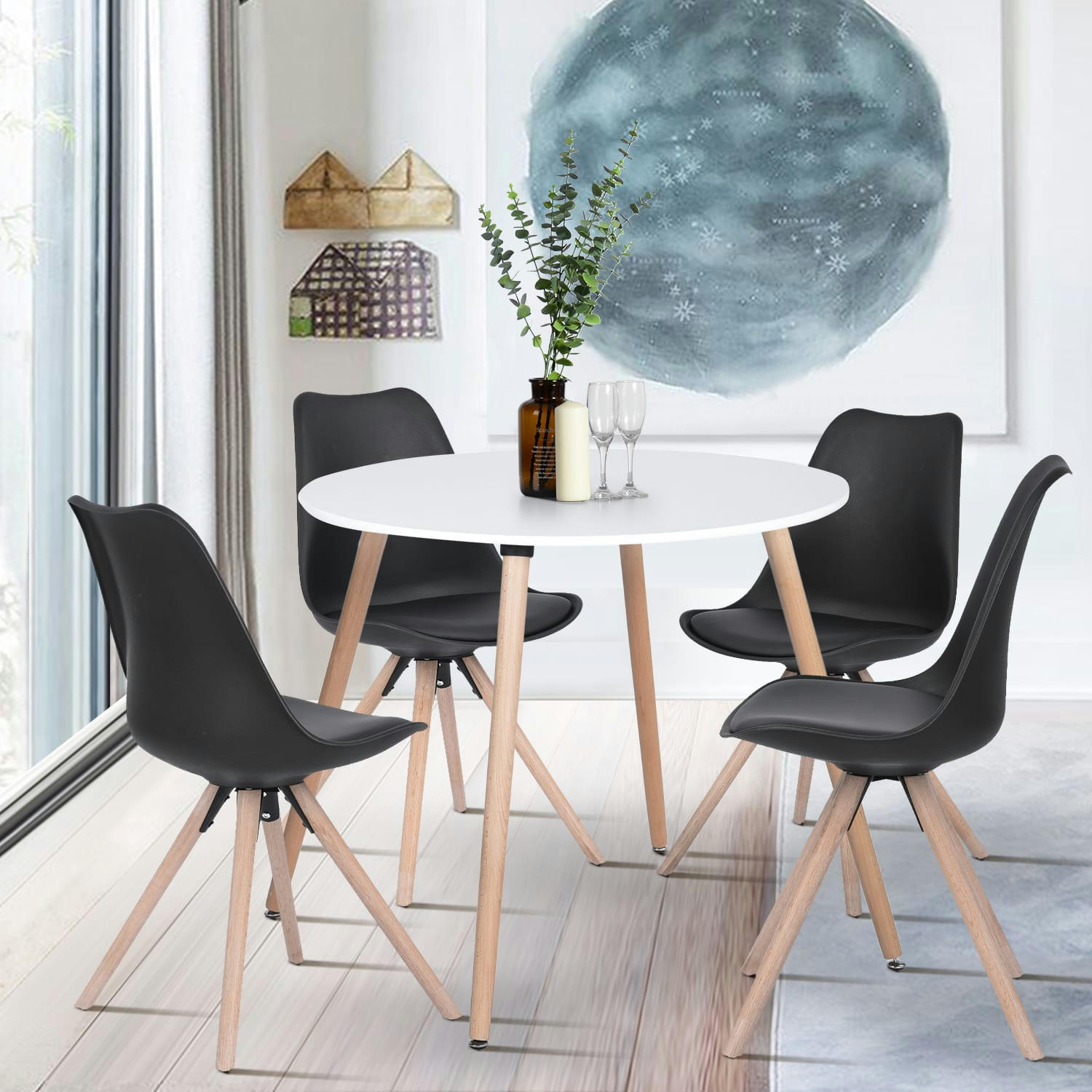 - Table de Salle à Manger Ronde Scandinave Blanche Bois 80*80*74cm