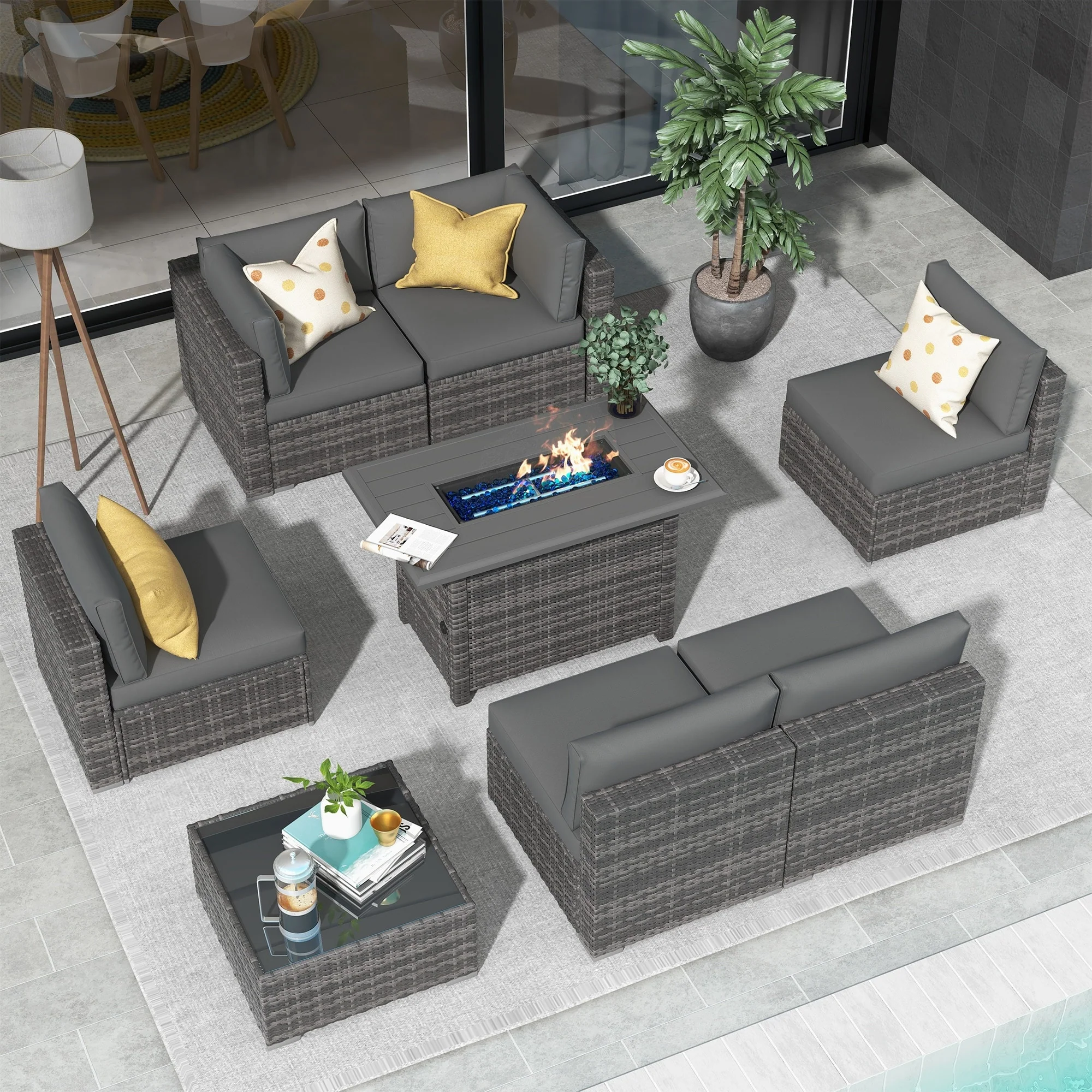 Outdoor 8 Pieces Sectional Wicker Sofa Set with Fire Pit