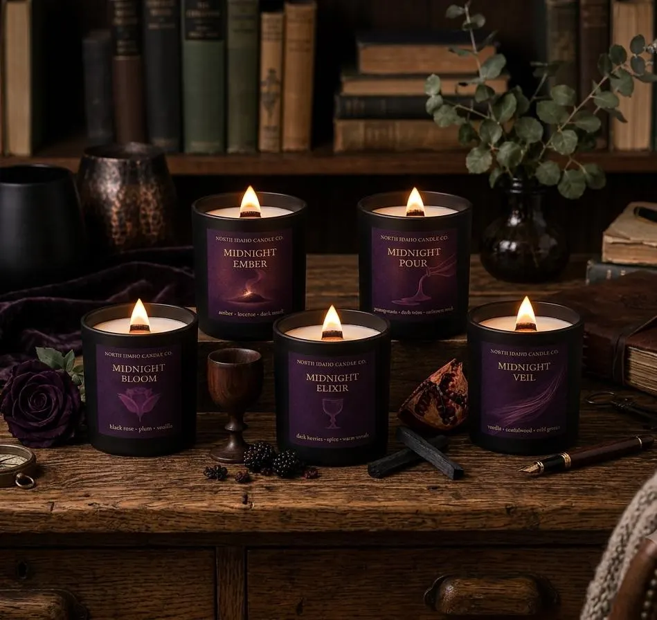 Midnight Collection Gift Set | 5 Luxury Wood Wick Candles | Matte Black Candle Collection | Hand-Poured Candle Gift | Home Fragrance Set