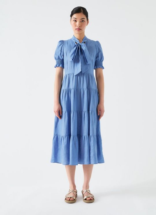 Flo Soft Blue Linen Tie Neck Tiered Dress