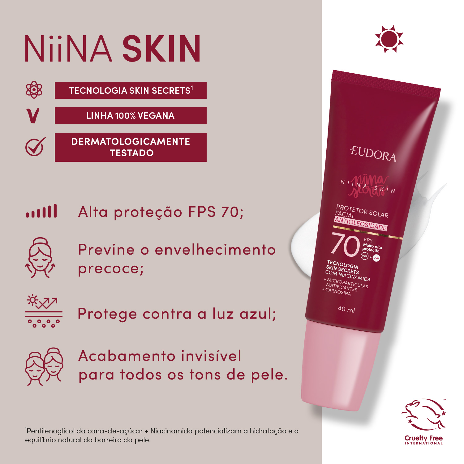Protetor Solar Facial Antioleosidade FPS 70 Niina Skin 40ml