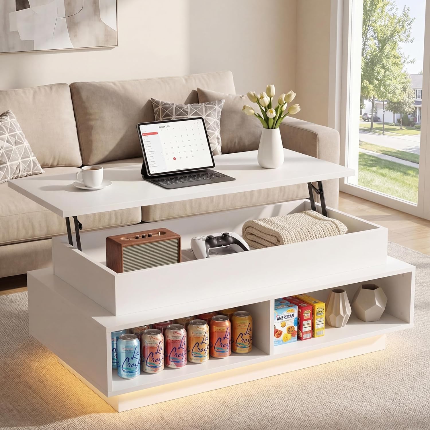YSHOMY 40 Lift Top Coffee Table with Hidden Storage & Multi-Color LED Lights, Modern Square Wood Table with 4 Open Shelves for Living Room and Small Space, White Grain