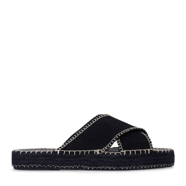 Zwarte suède slippers met witte stiksels