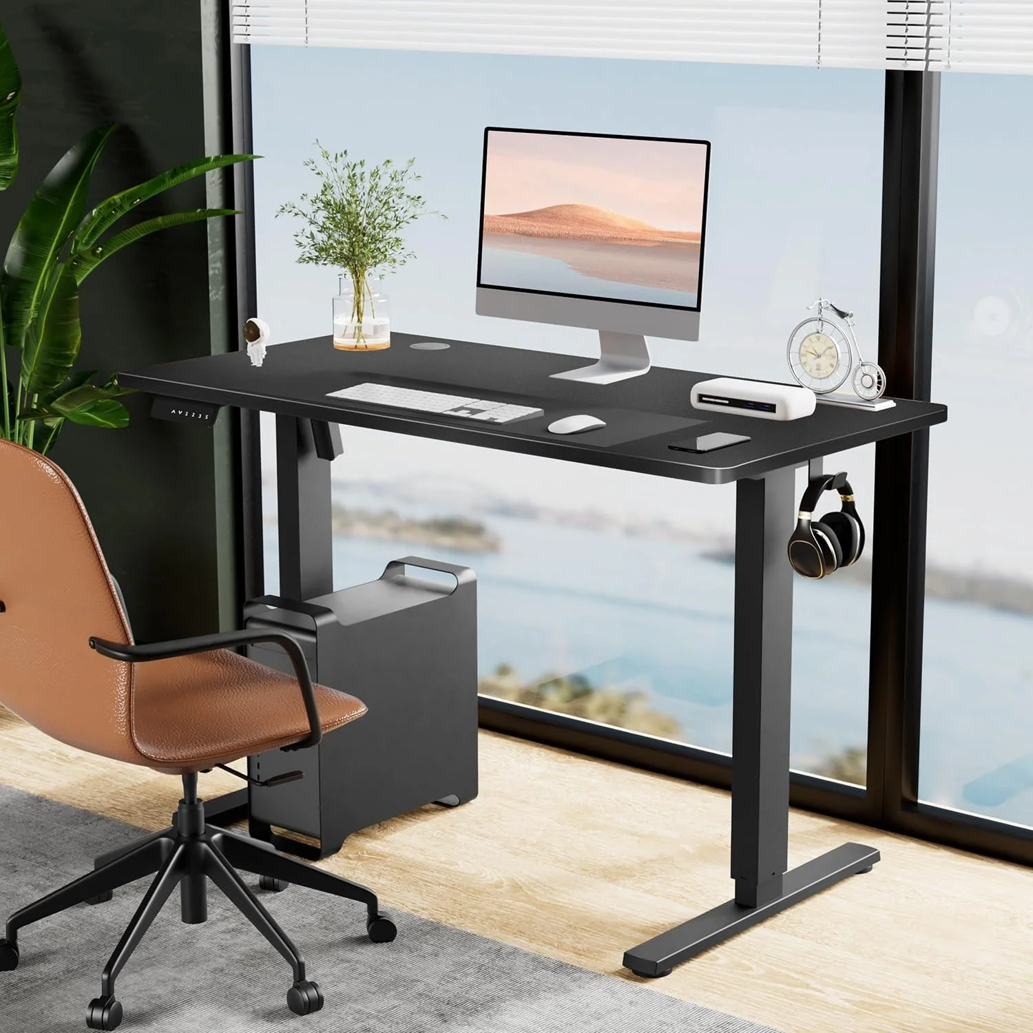 48 x 24 in. Electric Black Adjustable Height Rising Standing Desk with Splice Board, 2 Hook and Wire Hole