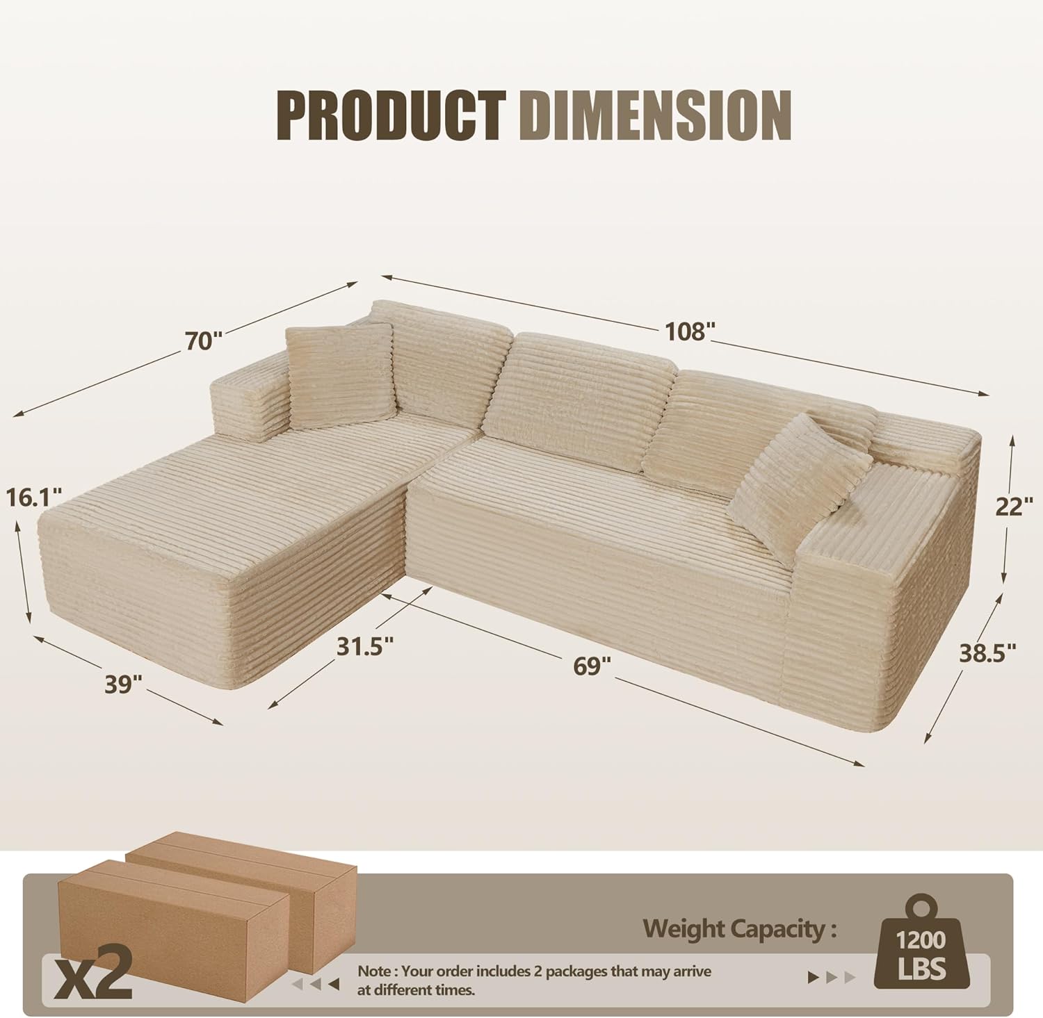 Bashaw 108 Cloud Sectional Couch Sofa with L-Shape Chaise, Modern Modular Sofa Couch Upholstered Couches for Living Room Bedroom, No Assembly Required (Beige, L Shape)