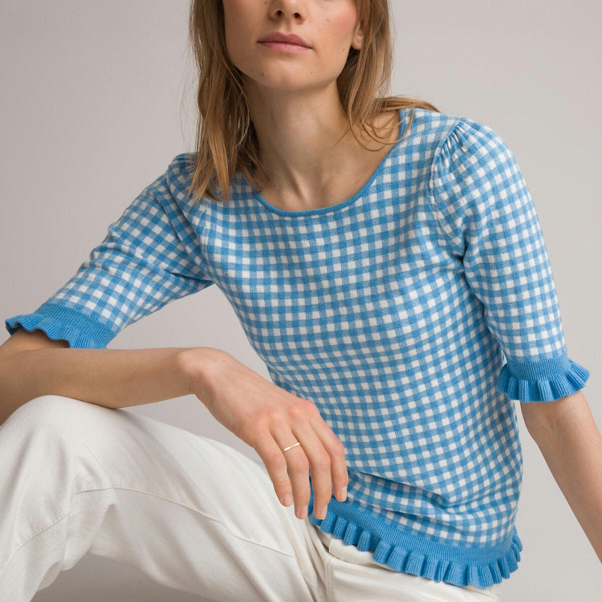 Pull col rond en fine maille motif vichy
