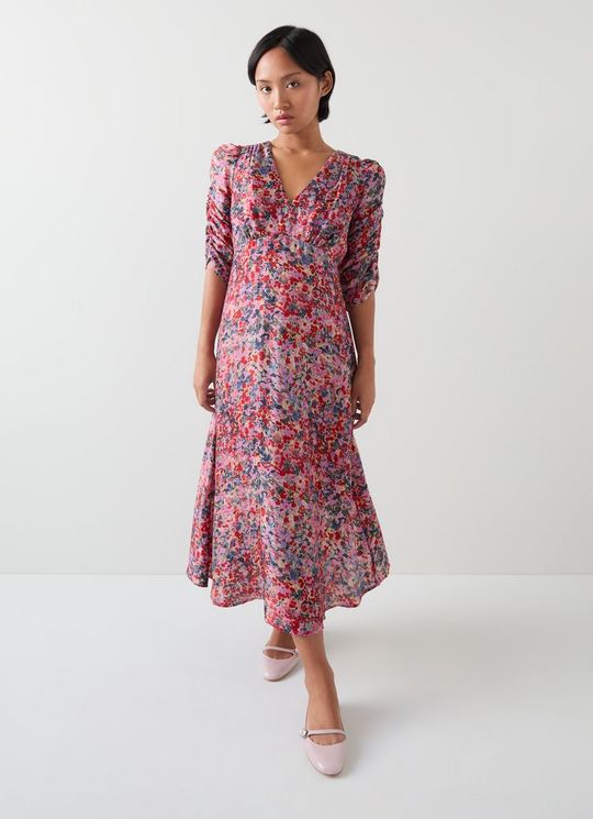 Erin Petite Pink Multi Watercolour Floral Jacquard Dress