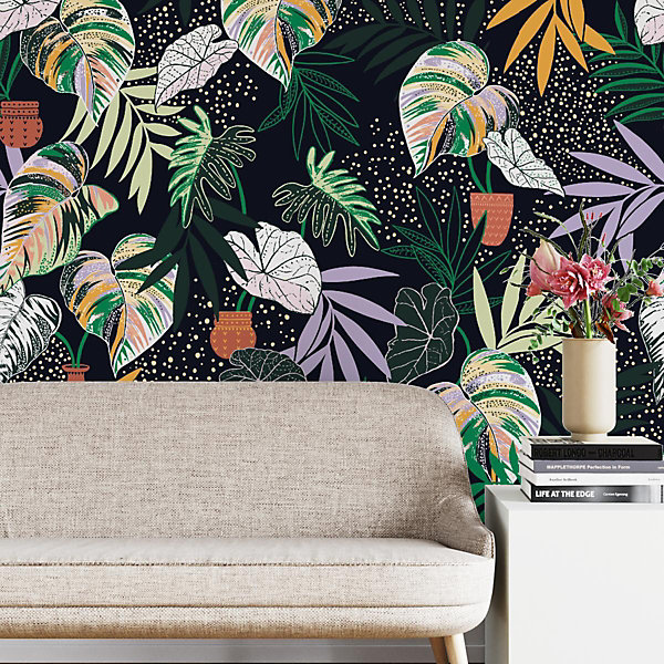 Papier peint botanique avec des feuilles d'alocasia et des palmiers - 510x260 cm (l x h)