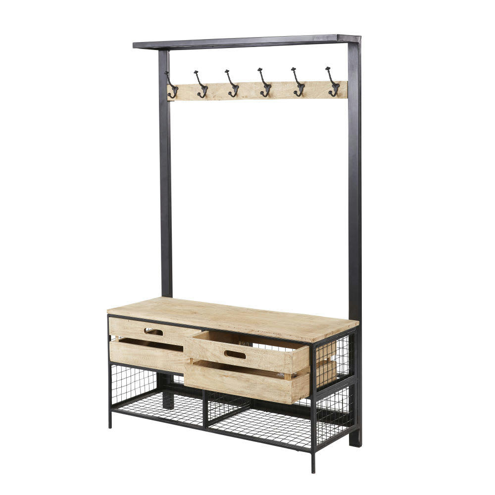 Bennie - Meuble d'entrée 6 patères 2 tiroirs en métal et manguier