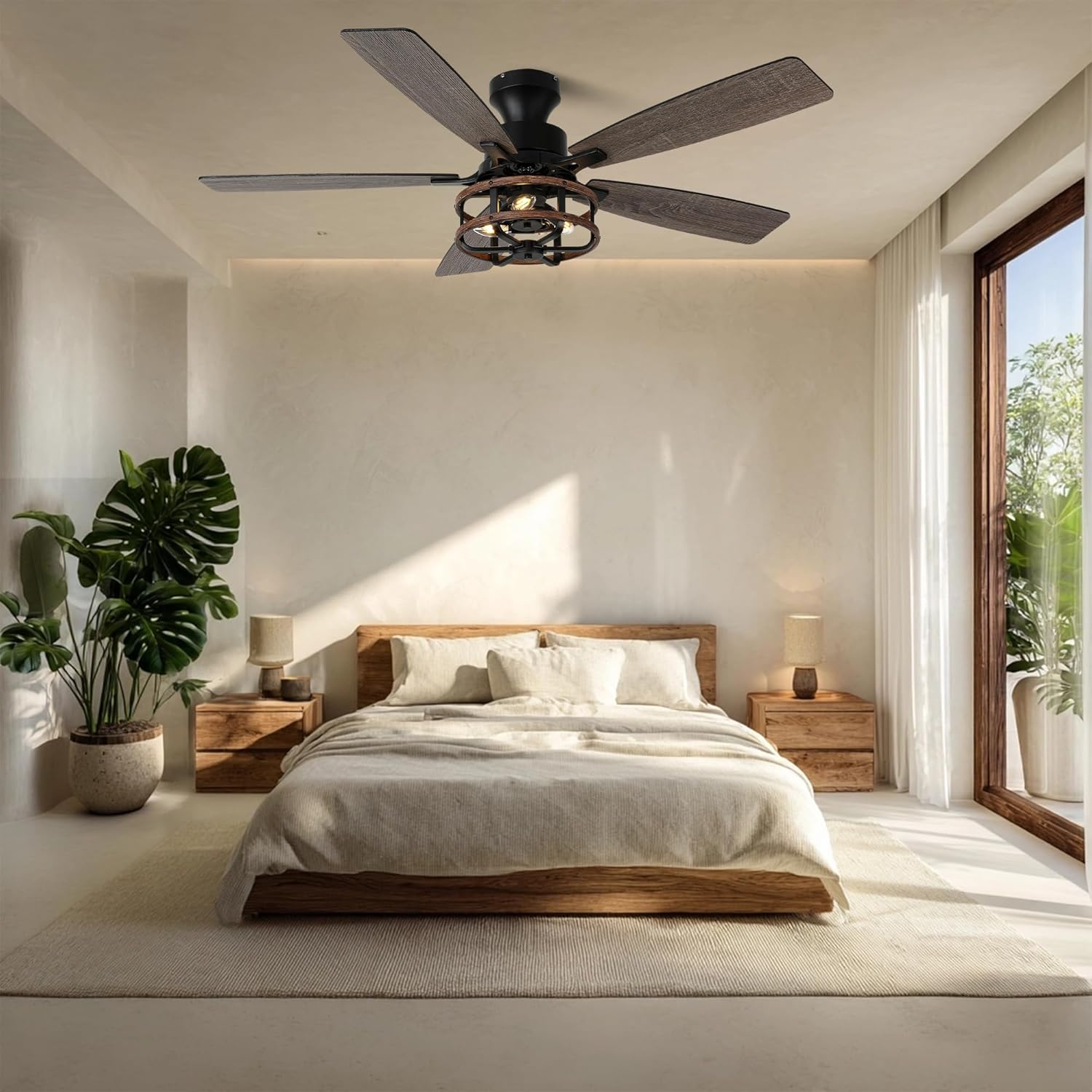 52 Farmhouse Ceiling Fans with Lights and Remote,Chandelier Ceiling Fan with 5 Double Colour Blades Reversible DC Motor,Rustic Caged Ceiling Fan for Living Room,Dining Room,Bedroom