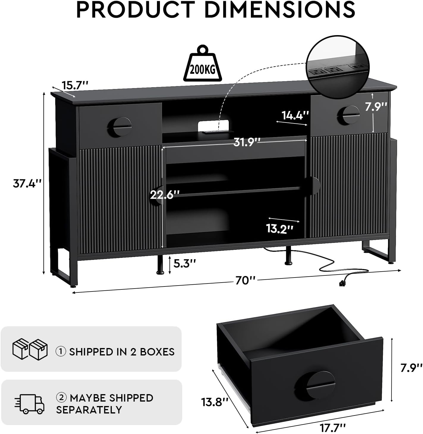 70 inch Modern Fluted TV Stand for TVs up to 80, Multifunctional Entertainment Center with Open Shelf, Built-in Power Outlets & 2 Large Drawers, Doors Storage Cabinet for Living Room, Black