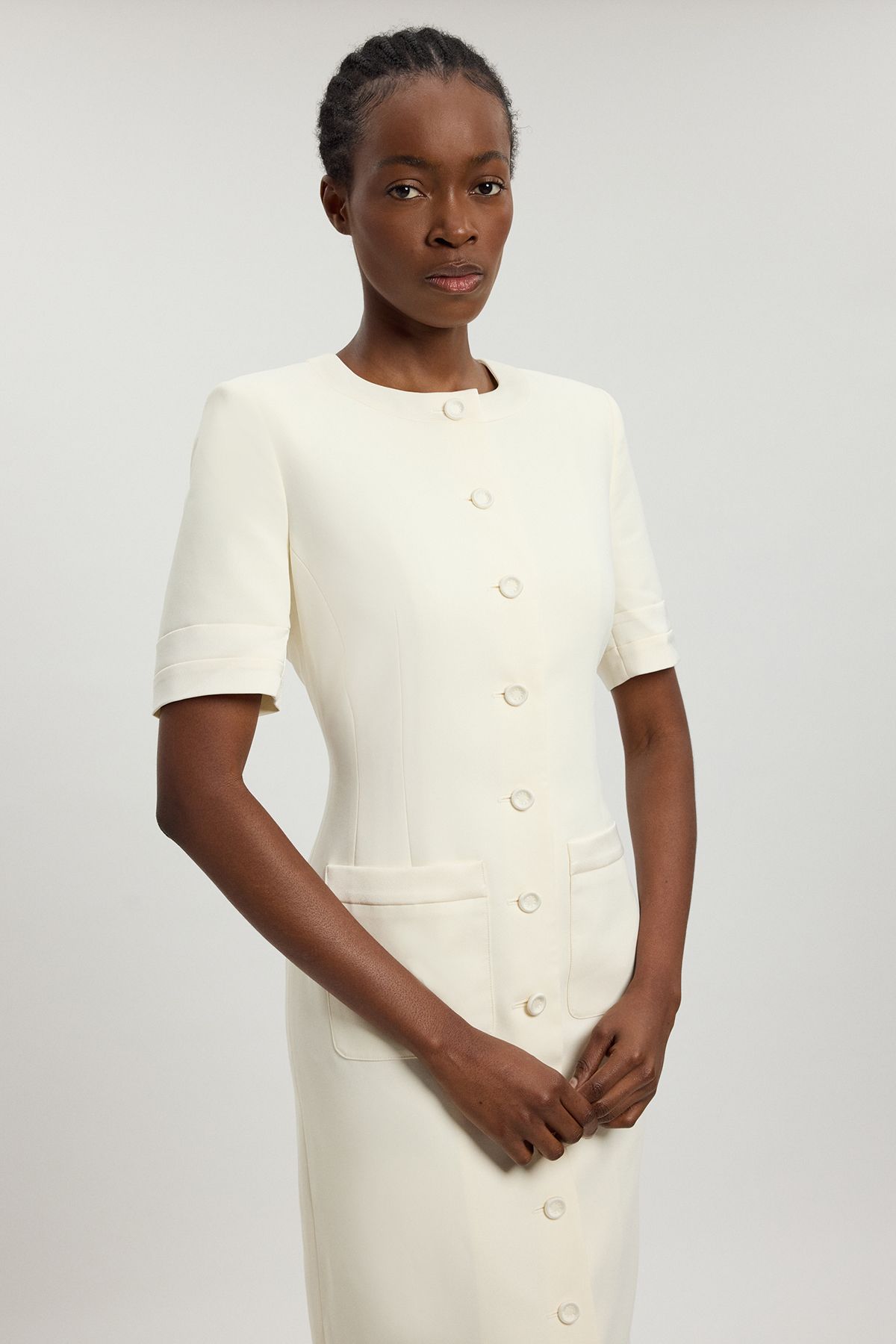 KarenMillen Petite Satin Tux Short Sleeve Tailored Midi Dress