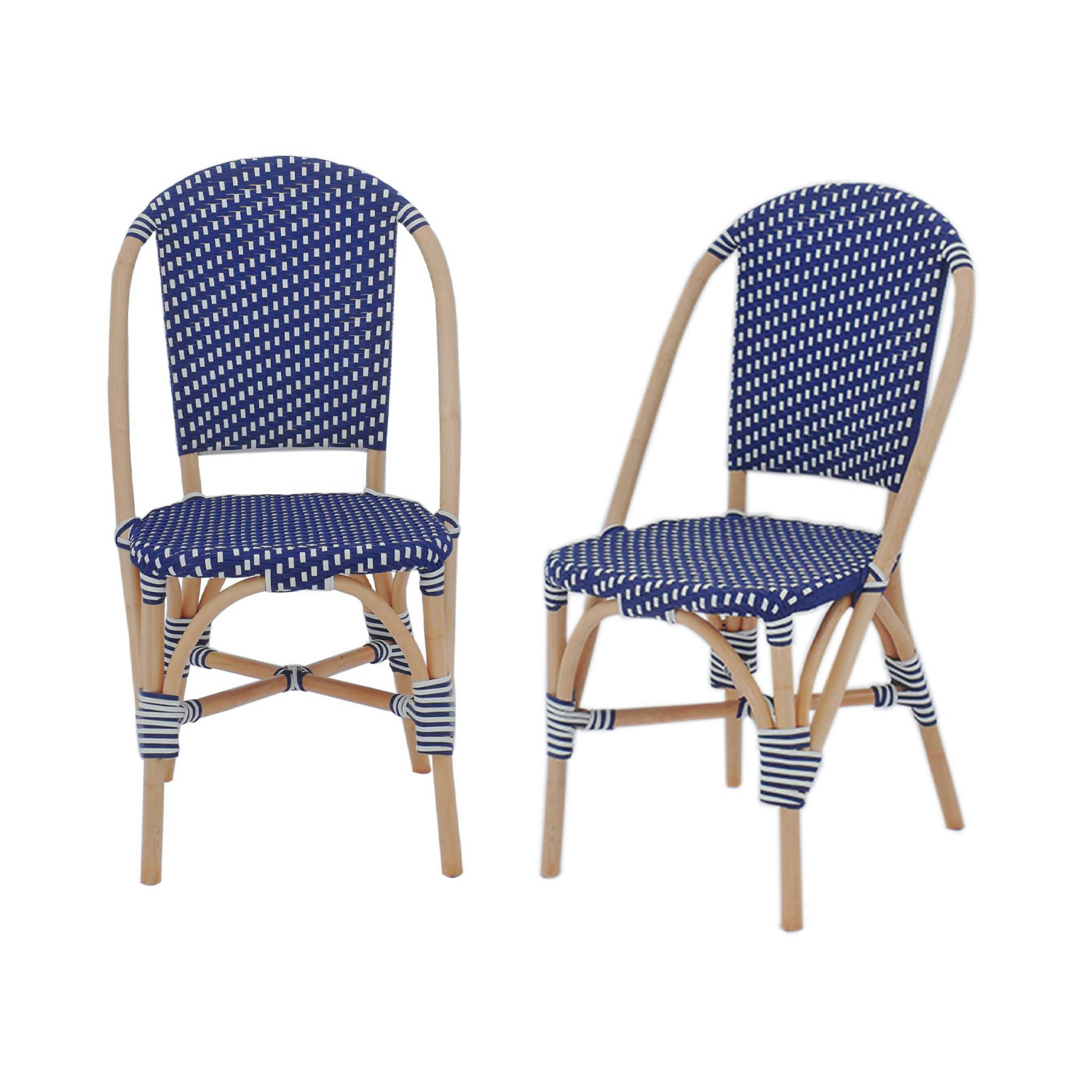 MONTMARTRE - Lot de 2 chaises bleu et blanc bistrot en rotin et polyrotin