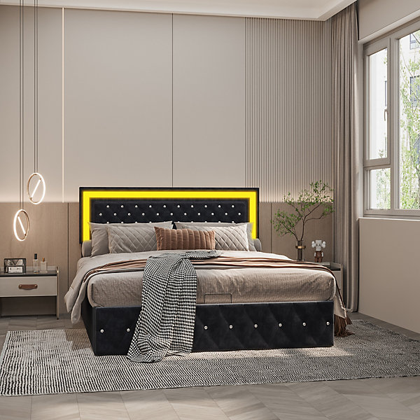 Lit en velours 160x200 cm avec rangements - Avec LED et sommier à lattes - Lit double avec rangements - Noir