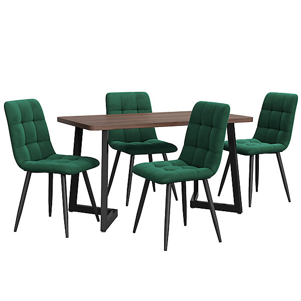 Ensemble Table et Chaises - Repas Rectangulaire avec Chaises Velours Confort et Table MDF, Pieds Métal Noir, Noyer/Vert Foncé
