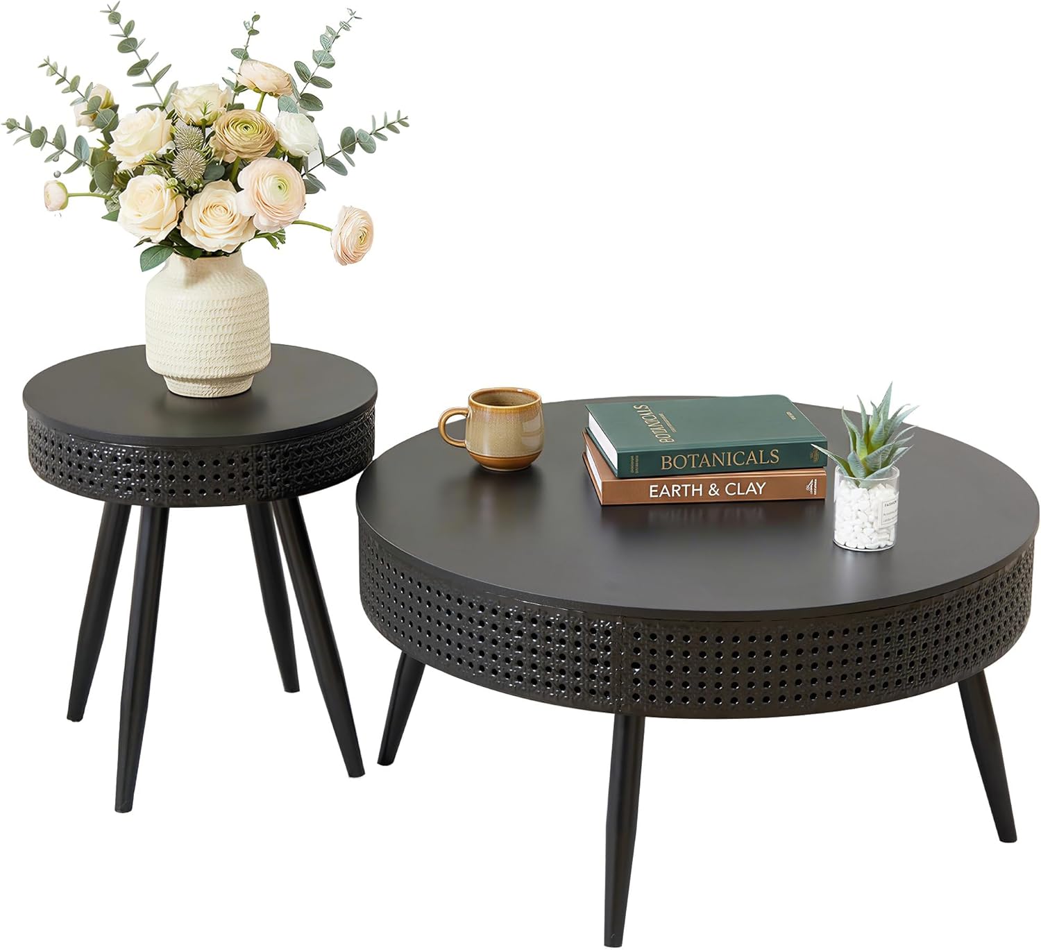 FurSch Modern Farmhouse Round Coffee Table Set of 2, Iron Rattan Nesting Side Table with Hidden Storage Basket for Living Room, Balcony, Patio, Poolside (Black)