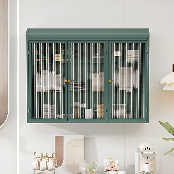 Armoire Murale 3 Portes Salle de Bain design Moderne avec Cadre Métal Vert et Verre, Meuble de Rangement, Vert foncé