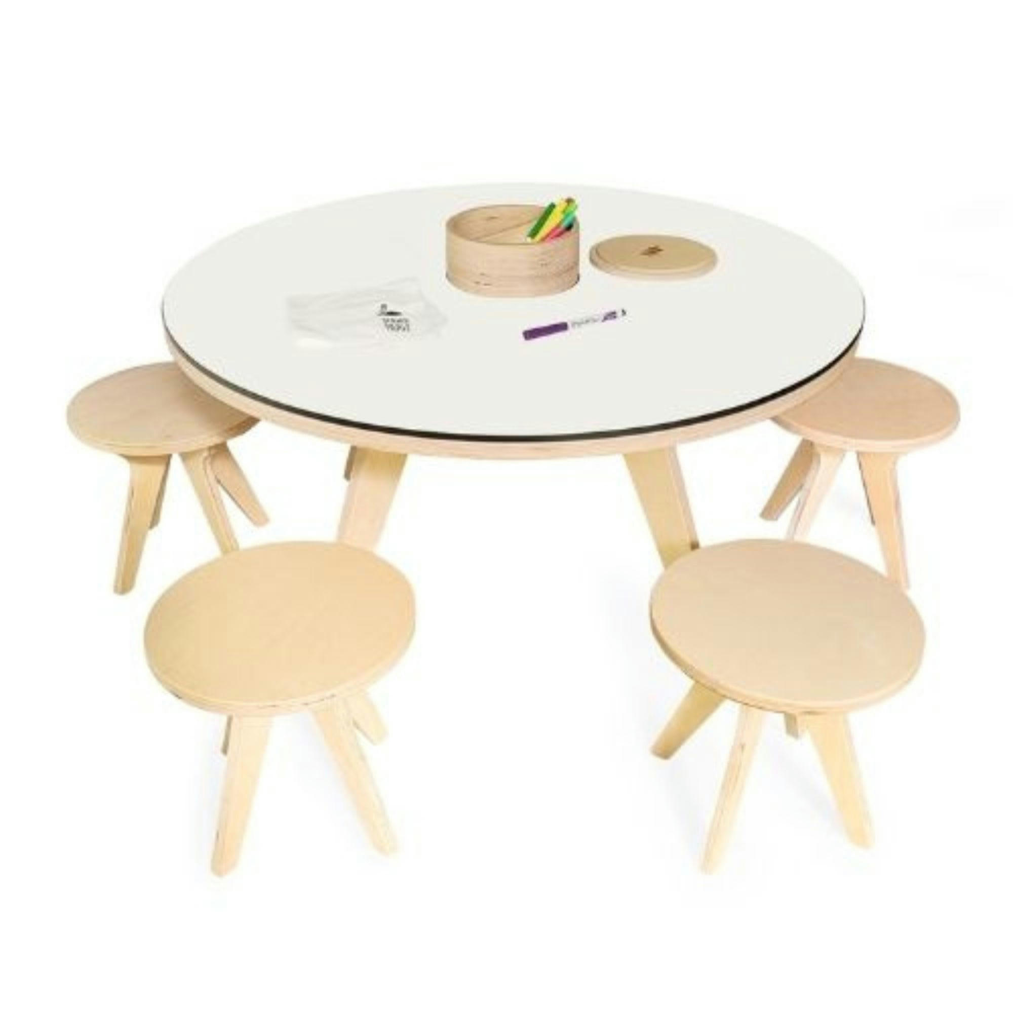 DRAWIN'KIDS X OMY - Table à dessiner multifonction XXL en bois D90 cm et 4 tabourets