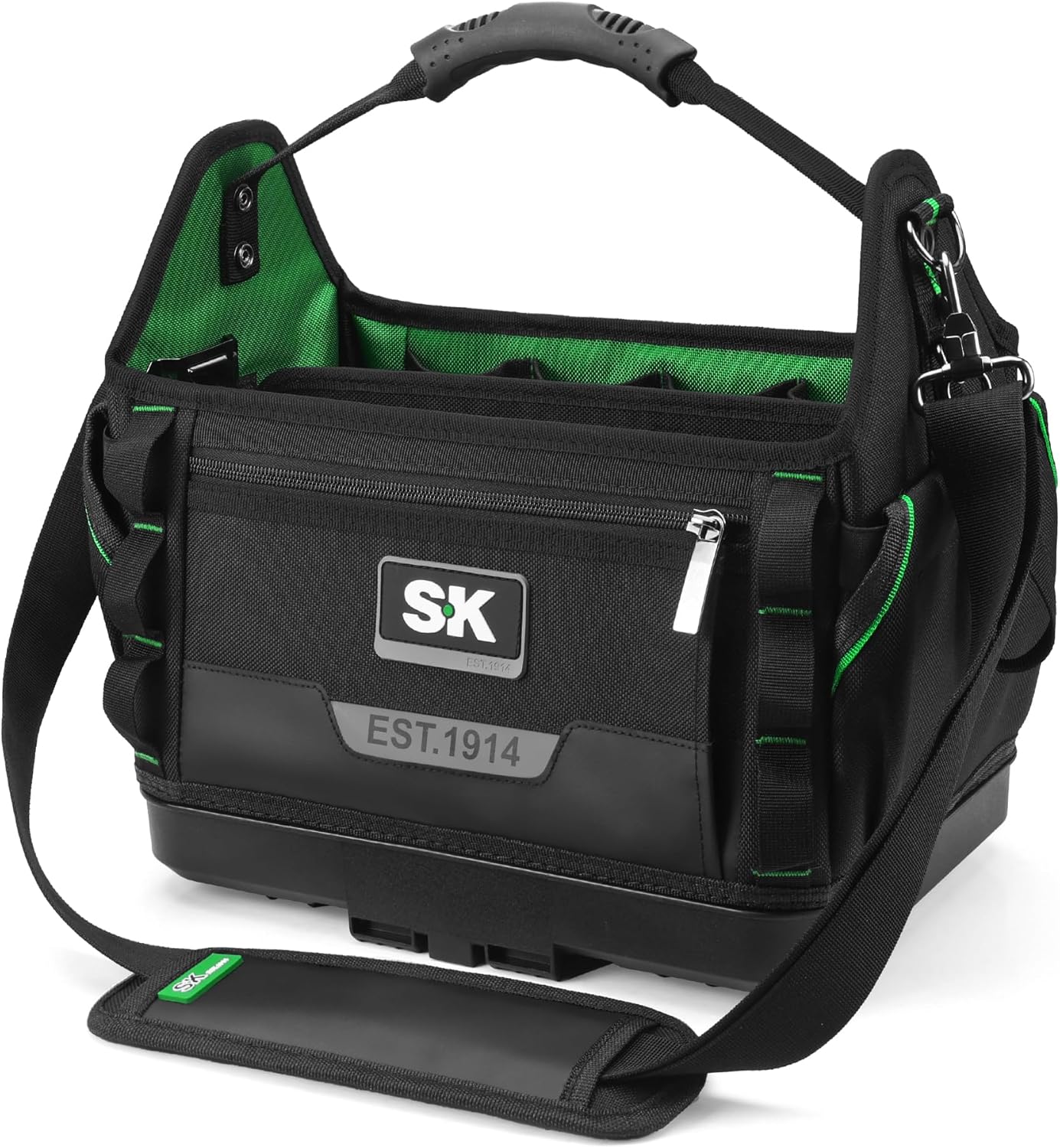 SK 15-Inch Open Top Tool Bag, Heavy Duty Tool Tote with 28 Pockets, Tool Bag Organizer with Padded Shoulder Strap and Ergonomic Handle, 1680D Fabric with Waterproof Hard Base