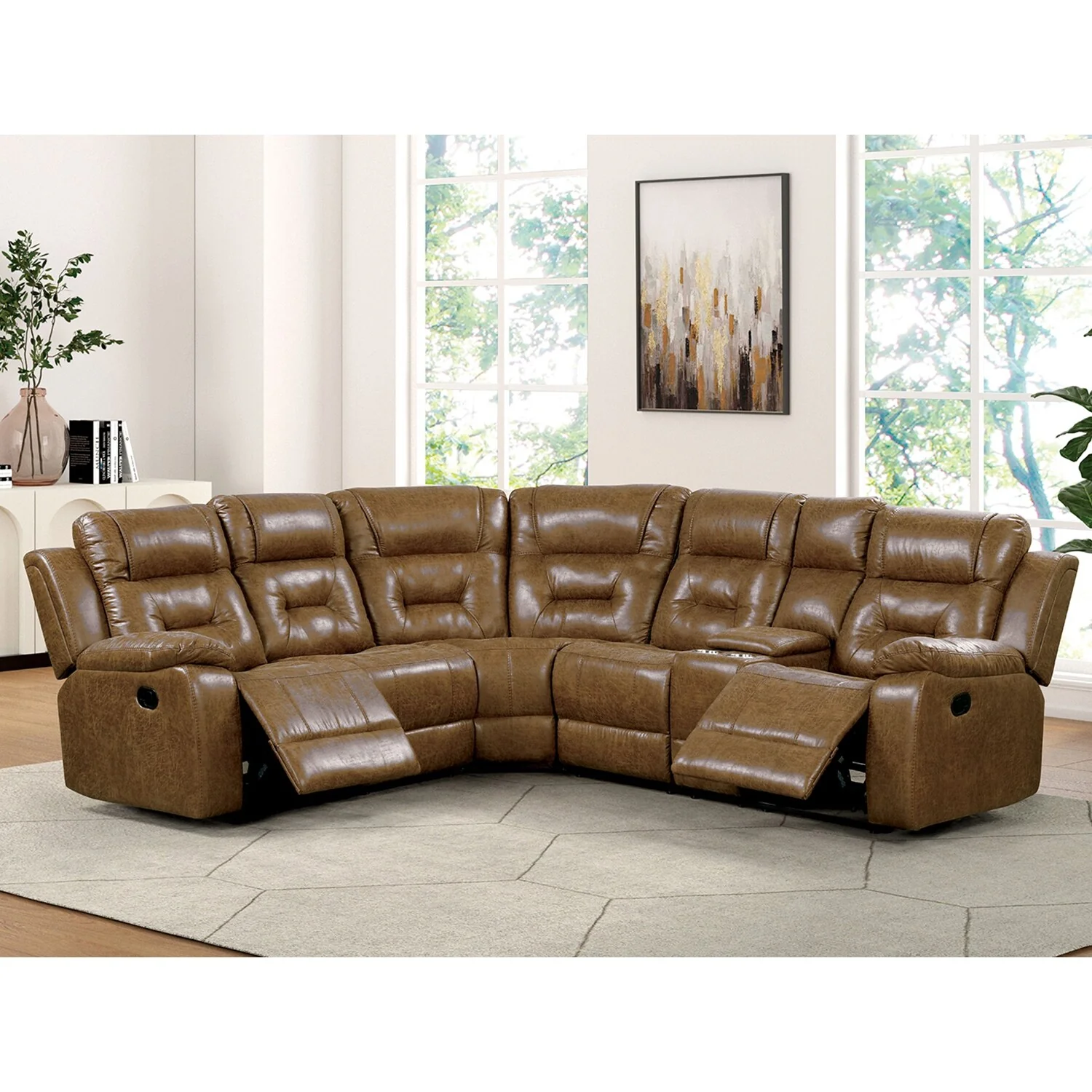 Leatherette Upholstered Manual Reclining Sectional Sofa with Cup Holders in Brown
