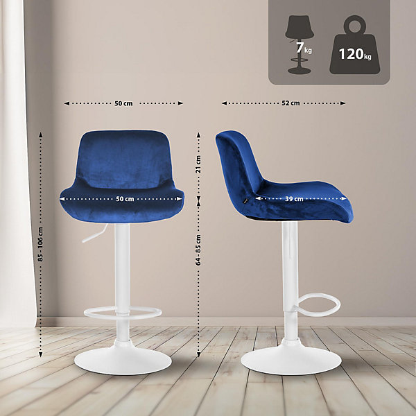 Lot de 2 tabourets de bar Solon Blanc, velours ou tissu, chaise réglable, pivotante, rembourrée, dossier Bleu/Velours