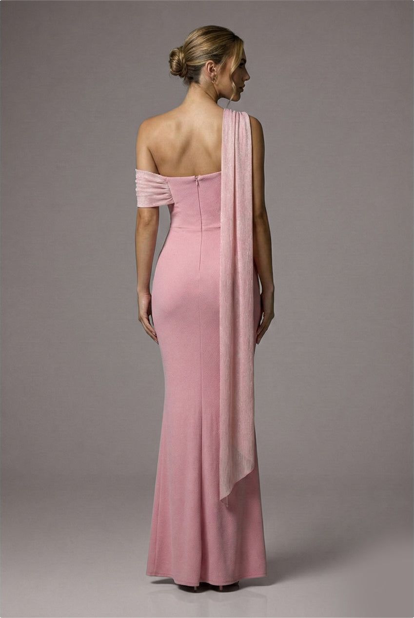 Goddiva Lurex Pleated Bardot One Shoulder Cape Maxi Dress