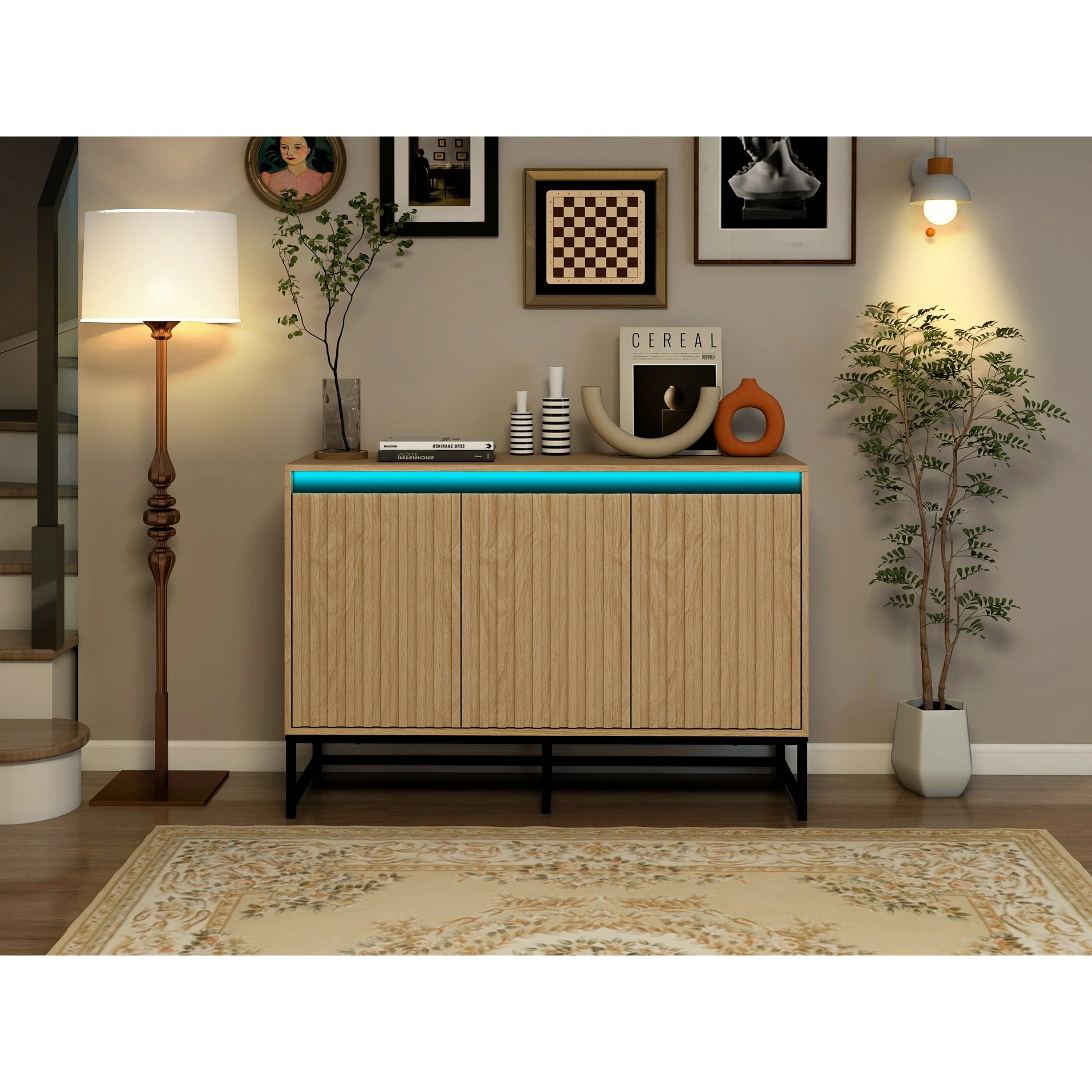 Modern Storage Cabinet with Adjustable Shelf and LED Light Strip for Kitchen, Dining Room, Living Room