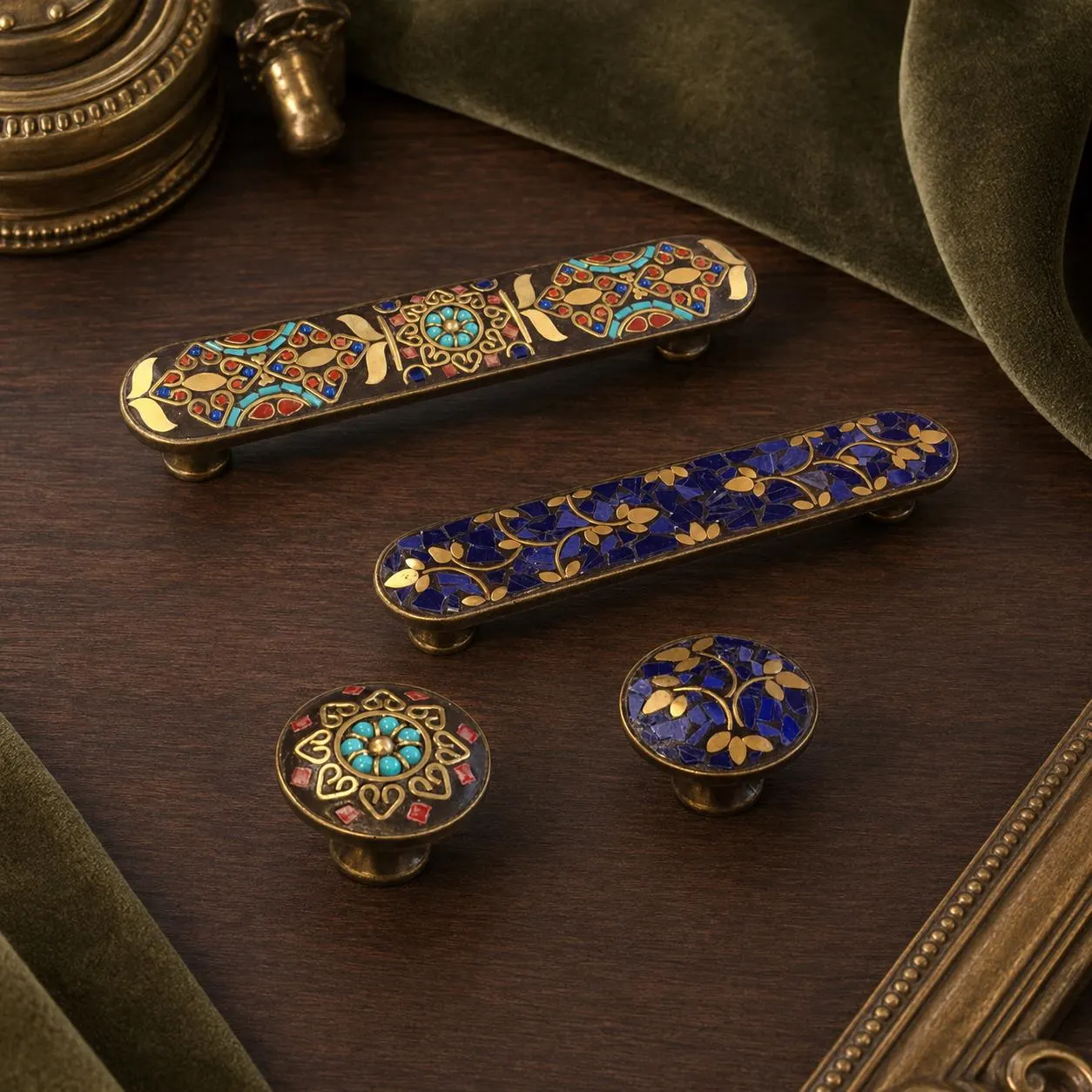Nepalese Style Brass Cabinet Pull, Vintage Mosaic Drawer Handle, Antique Decorative Furniture Hardware, Boho Luxury Home Upgrade