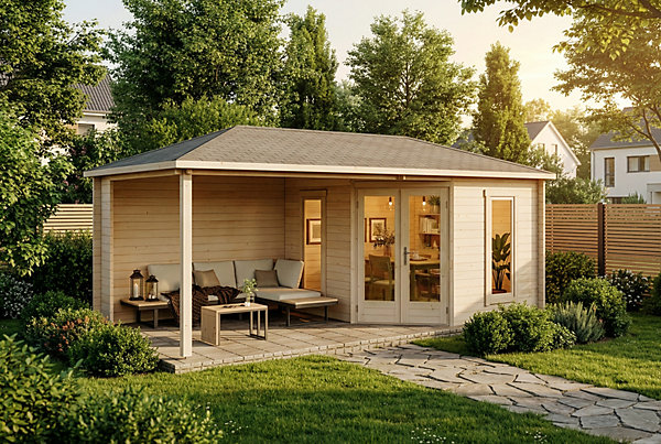 Abri de jardin pentagonal Liwa Alpholz, 61x32m dim ext (cas échéant incl débord de toit) naturel, 28mm, 19,5m² superficie totale