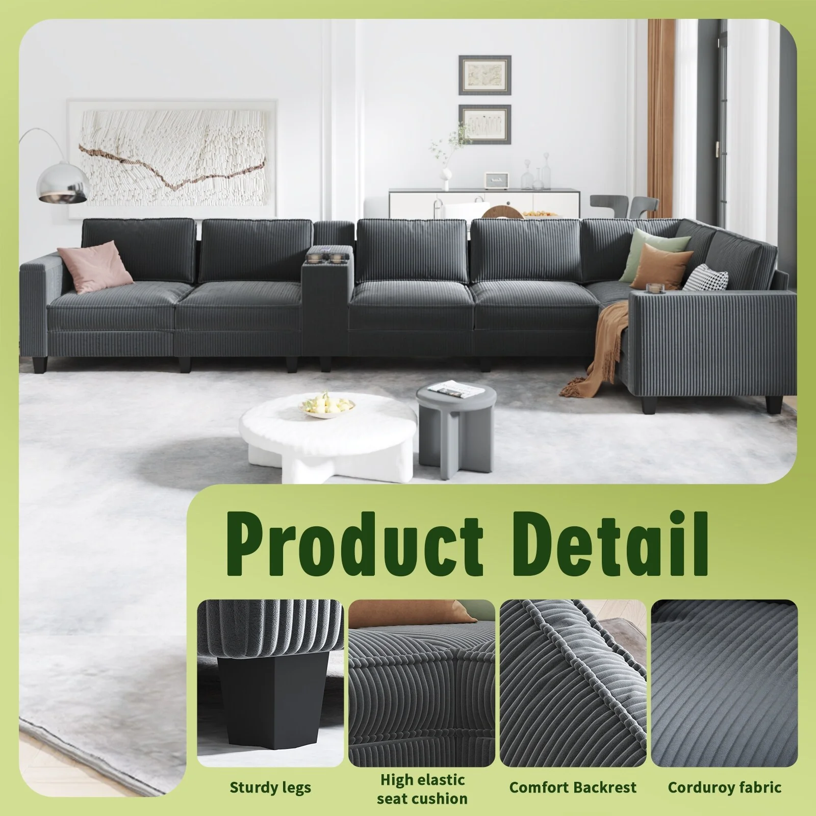 133.4 Corduroy L-Shaped Sectional Sofa with USB Charging and Storage, 6-Seater