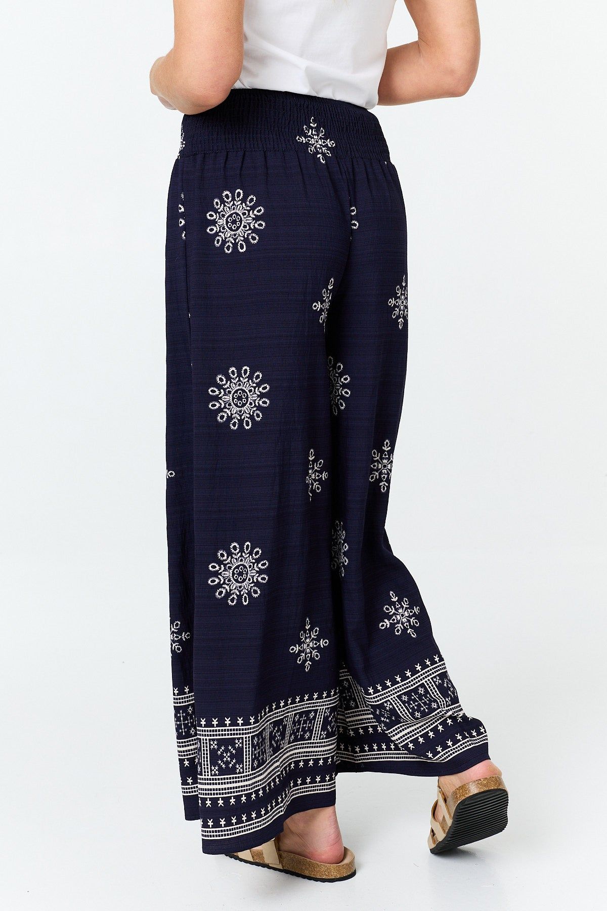 Izabel London Border Print Shirred Waist Wide Trousers