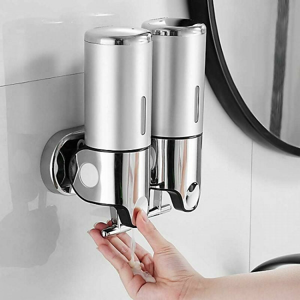 Distributeur de savon mural 500 ml, distributeur de savon à main à double tête pour cuisine, salle de bain, hôtel