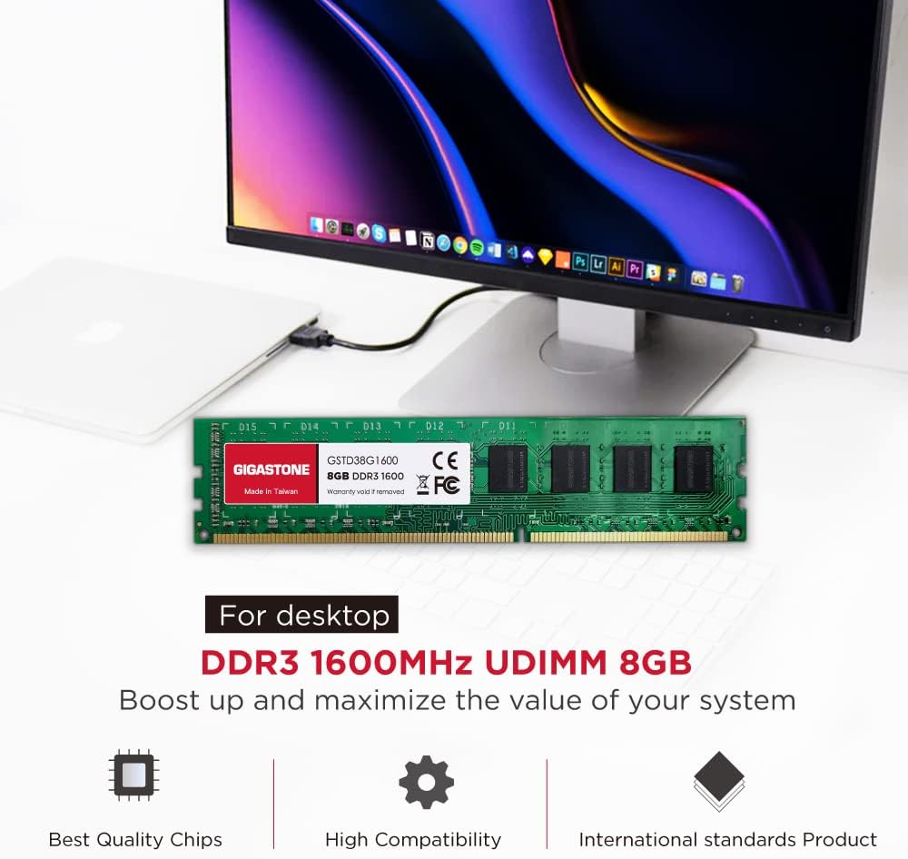 【DDR3 RAM】 GIGASTONE 32GB Kit (4x8GB) DDR3/DDR3L 1600MHz (1333MHz) PC3-12800 (PC3-10600) CL11 1.35V/1.5V 2Rx8 UDIMM 240 Pin Unbuffered Non ECC High Performance PC Desktop Memory Upgrade