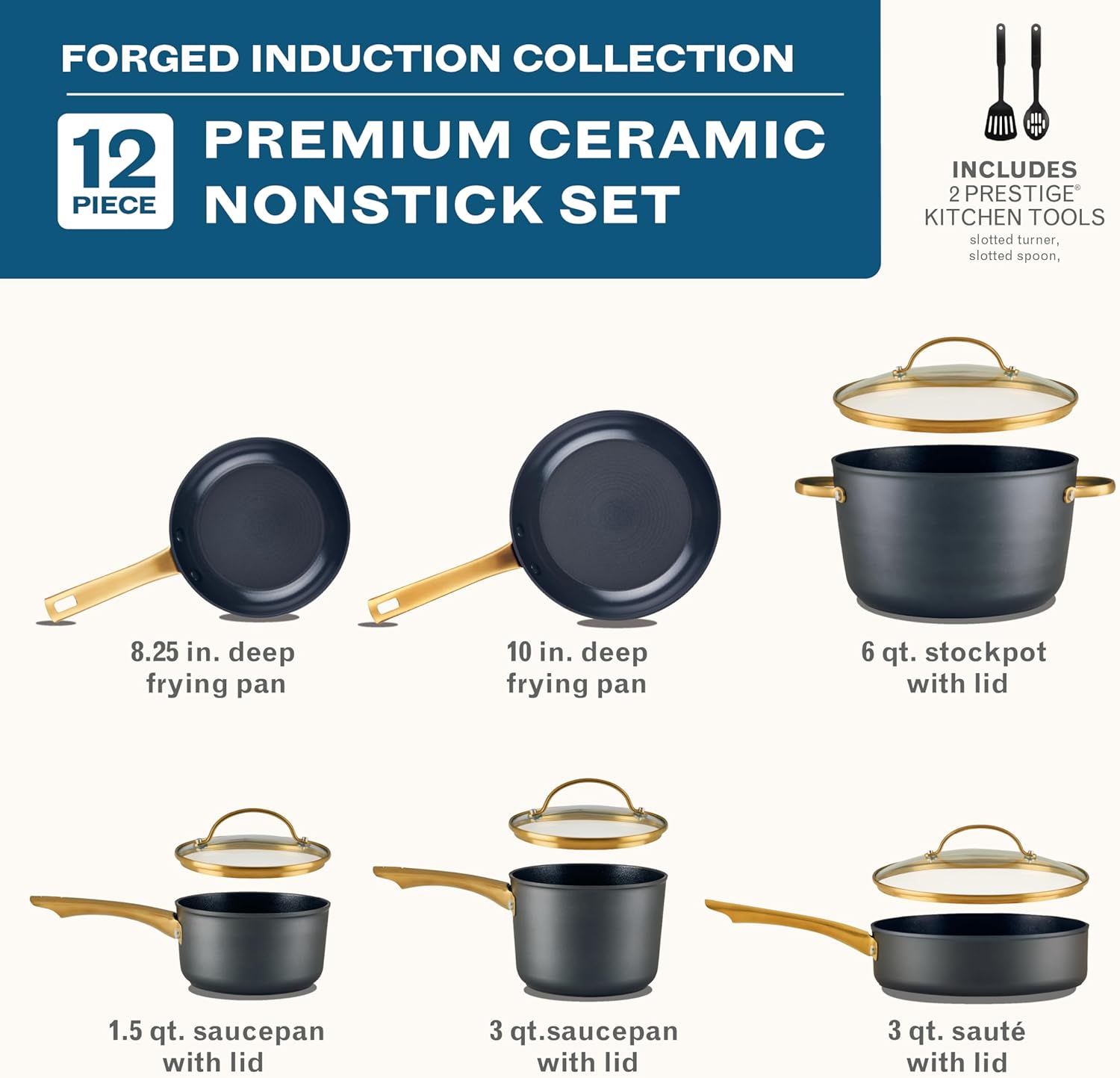 Farberware Forged Induction Ceramic Nonstick Pots and Pans Set with Lids and Kitchen Cooking Tools - Dishwasher Safe, Suitable for All Stovetops, 12 Piece Cookware Set - Black and Gold