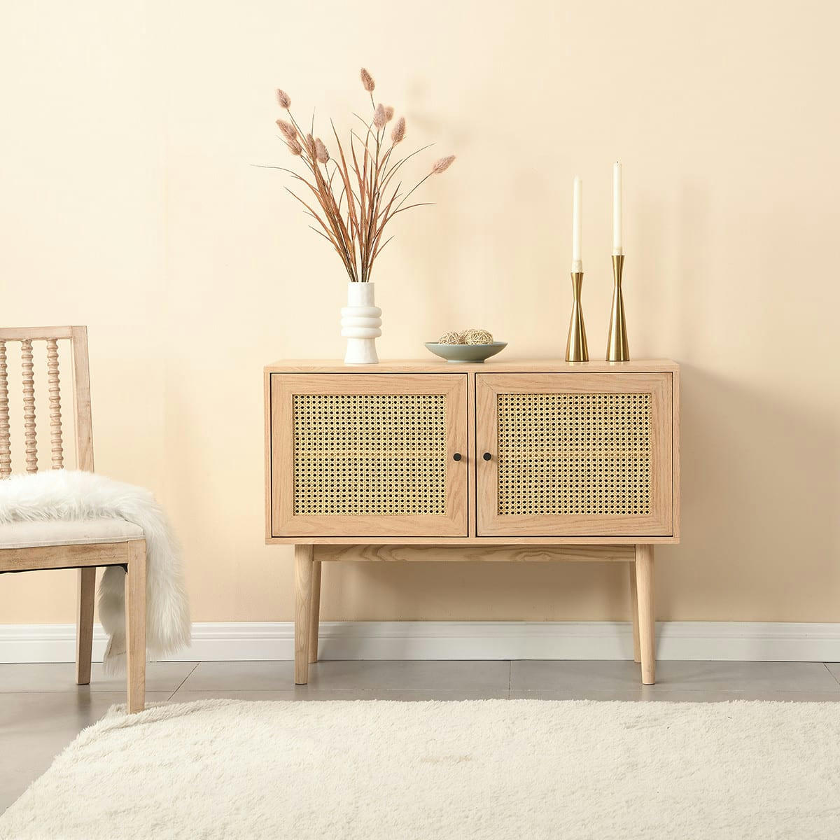 EDEN - Buffet 2 portes en bois et cannage naturel 100 cm