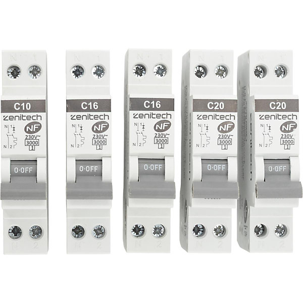 Pack de 5 disjoncteurs 1x10A   2x16A   2x20A - Zenitech