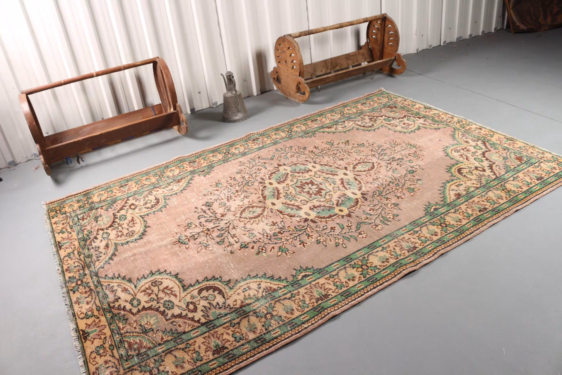 Turkish Rug, 5.5x8.5 ft Large Vintage Rug, Oushak Green Brown Abstract Rug