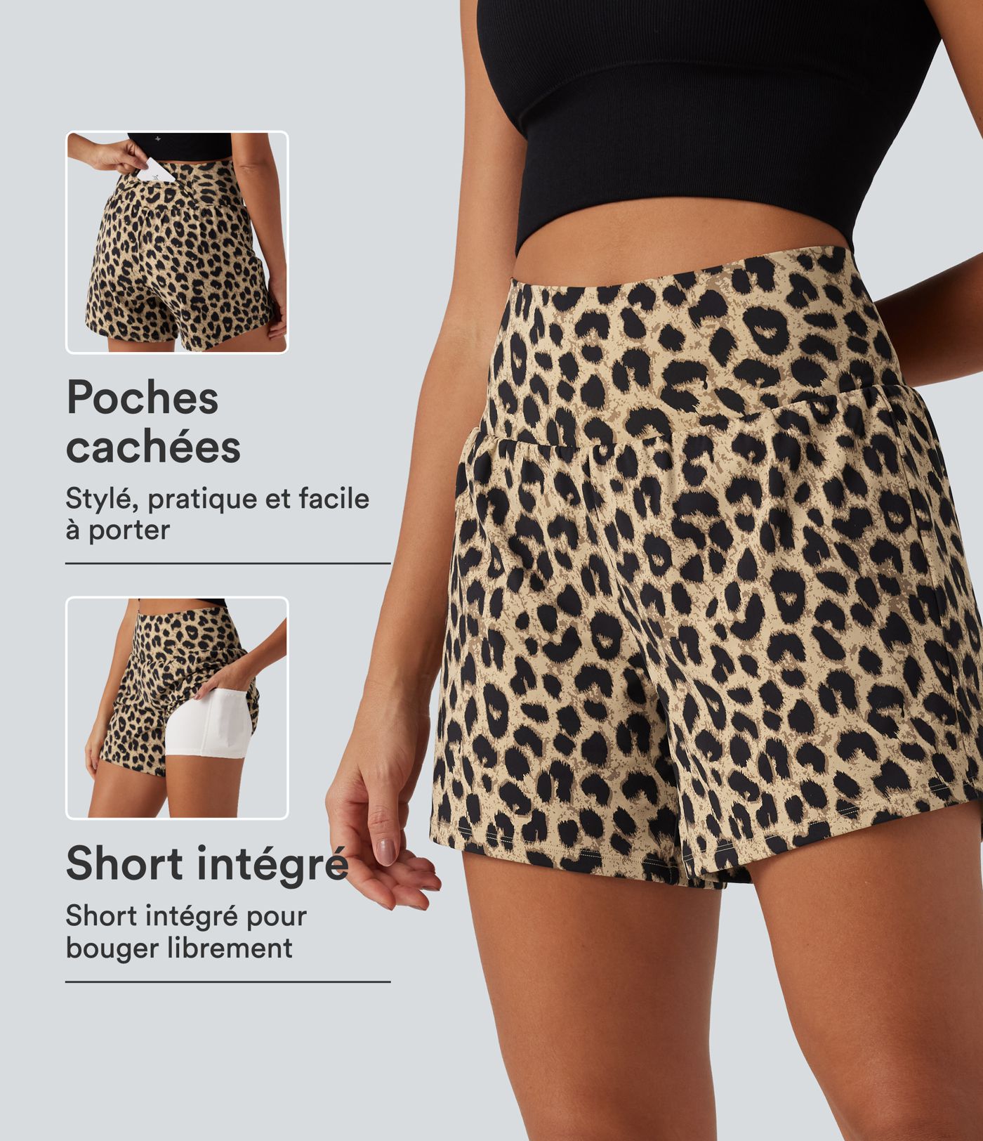 Short de yoga 2-en-1 13 cm taille haute imprimé léopard avec poches