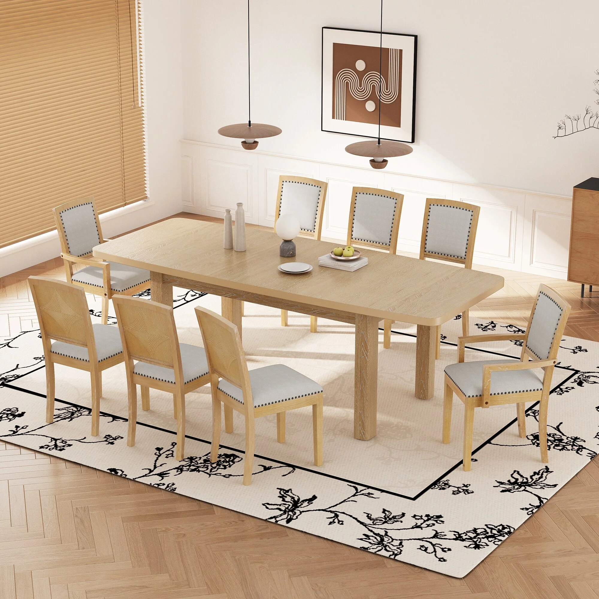 Roomfitters Rustic Extendable 9-Piece Dining Table Set with 24 Leaf, Upholstered Armless and Padded Arm Chairs