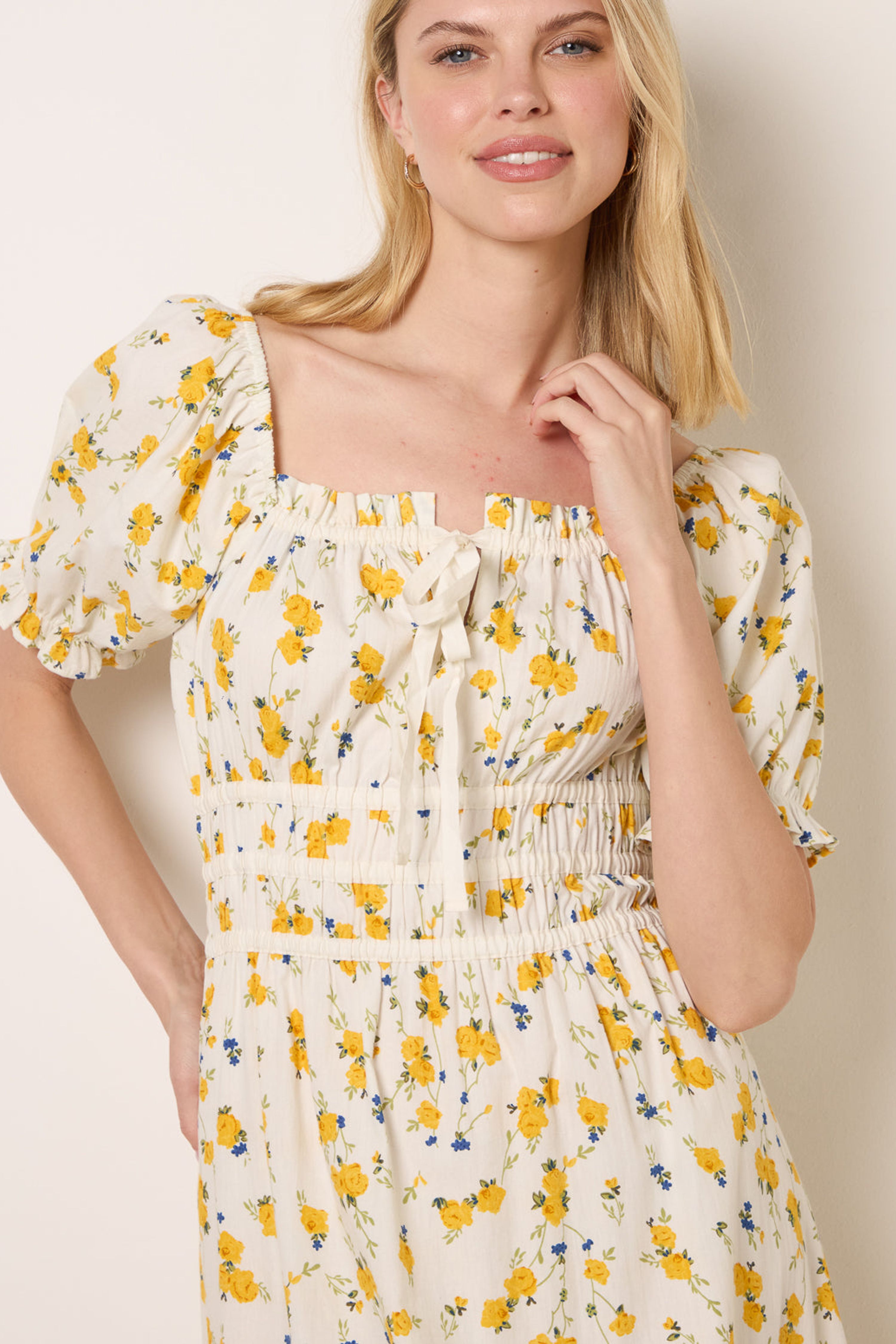 Blue Vanilla Lemon Ditsy Floral Poplin Milkmaid Midi Dress