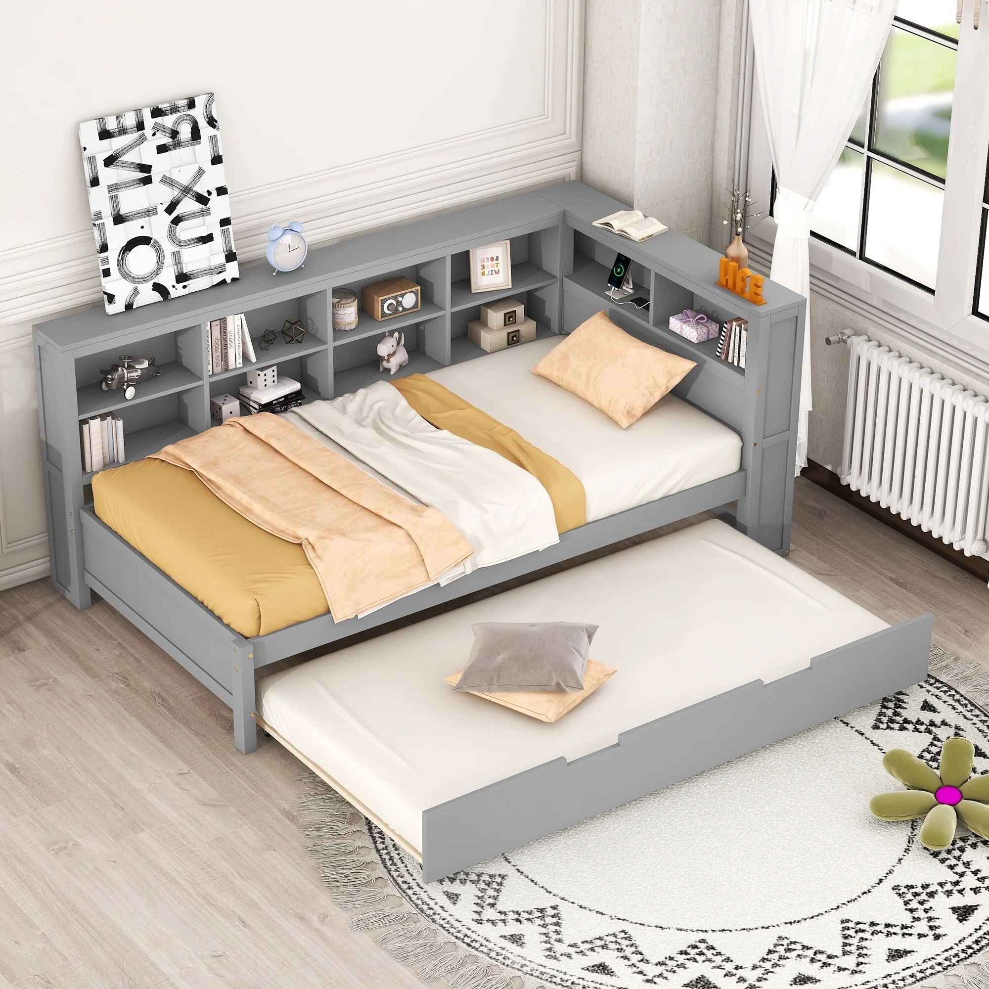 Twin Daybed with Trundle, Storage Shelves, and USB Charging Station