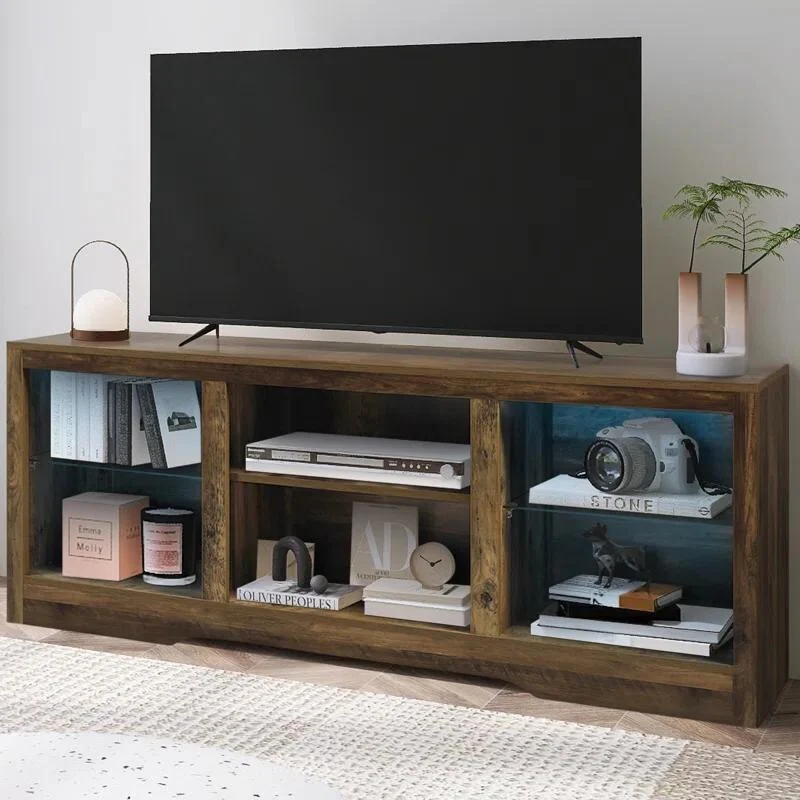 TV Stand With Open Storage&Glass Shelves