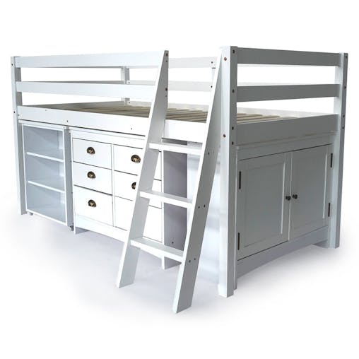 NNEMB Wooden Kids Single Loft Bed Frame with Pull Out Desk-Storage Drawers-Cabinet-White