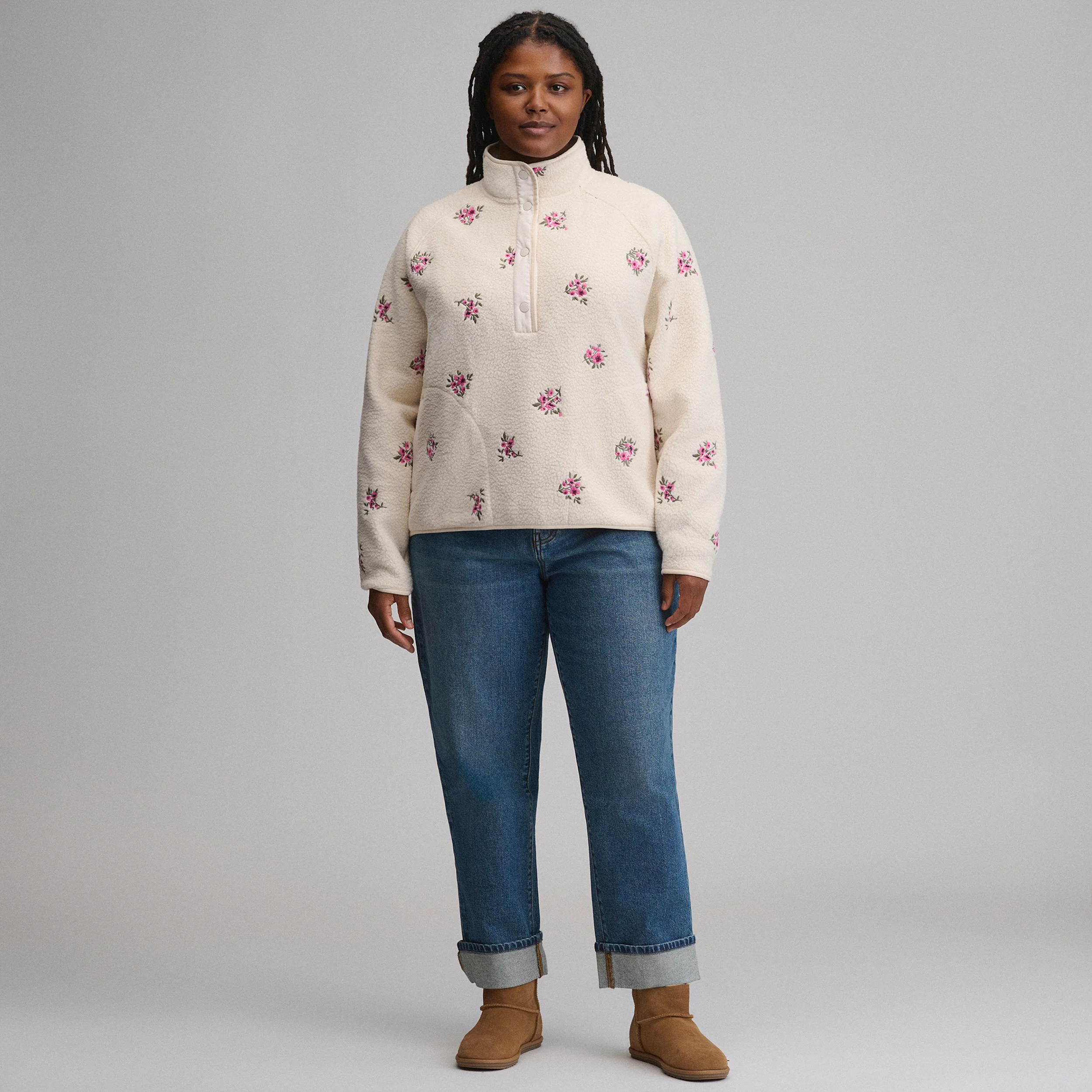 Women's Plush Fleece Snap-Mock Pullover - Embroidered