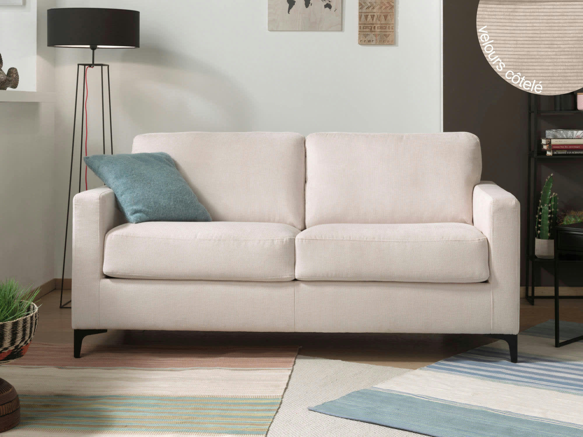 ALIX - Canapé droit convertible 3 places en velours côtelé beige