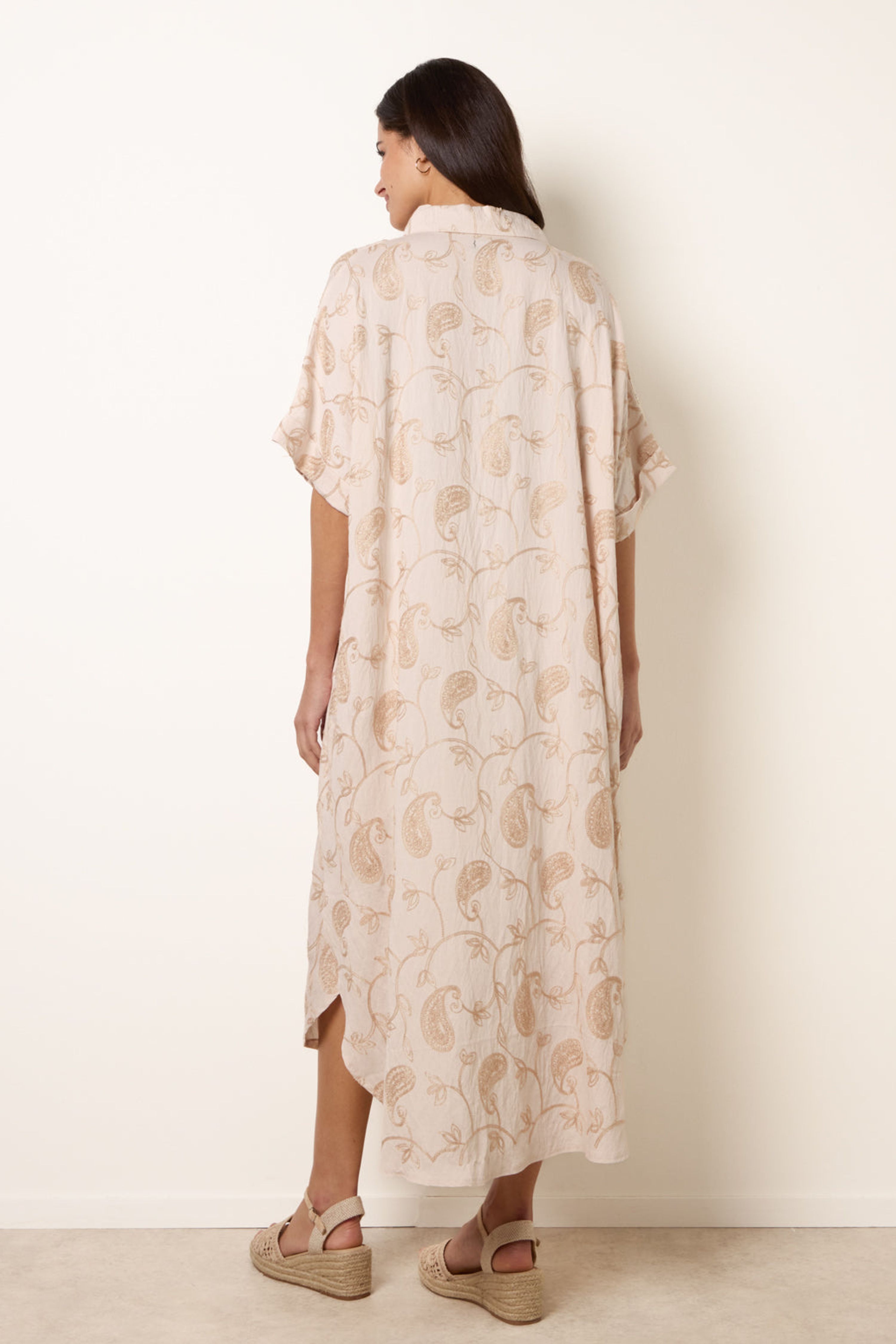 Blue Vanilla Beige Tunic Style Button Front Dress With Paisley Embroidery
