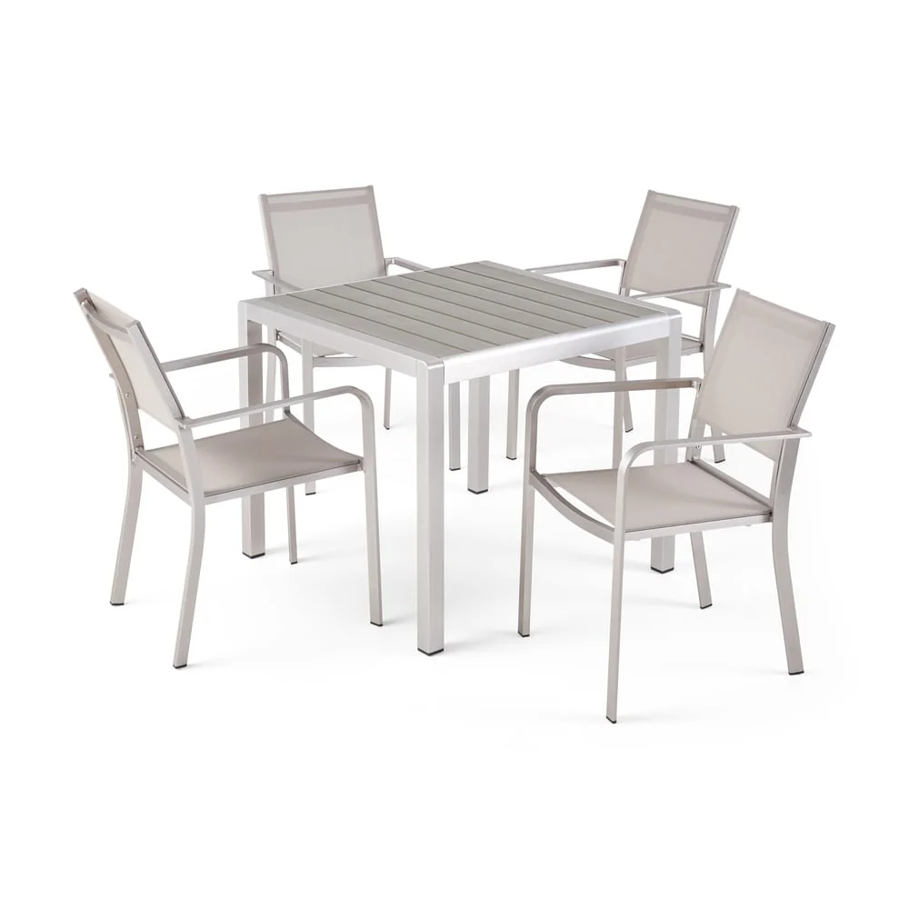 Boris Outdoor Modern 4 Seater Aluminum Dining Set with Faux Wood Table Top by Christopher Knight Home