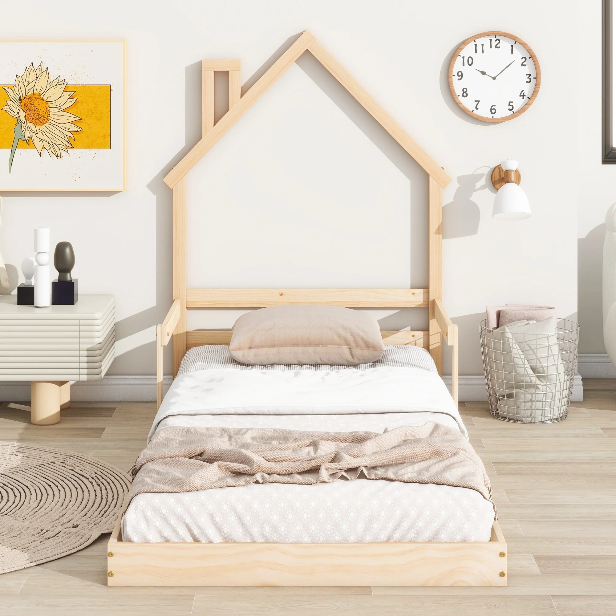 Twin Size Pine House-Shaped Headboard Floor Bed with Handrails